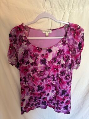 dressbarn Pink and Purple Floral Short-Sleeve Blouse